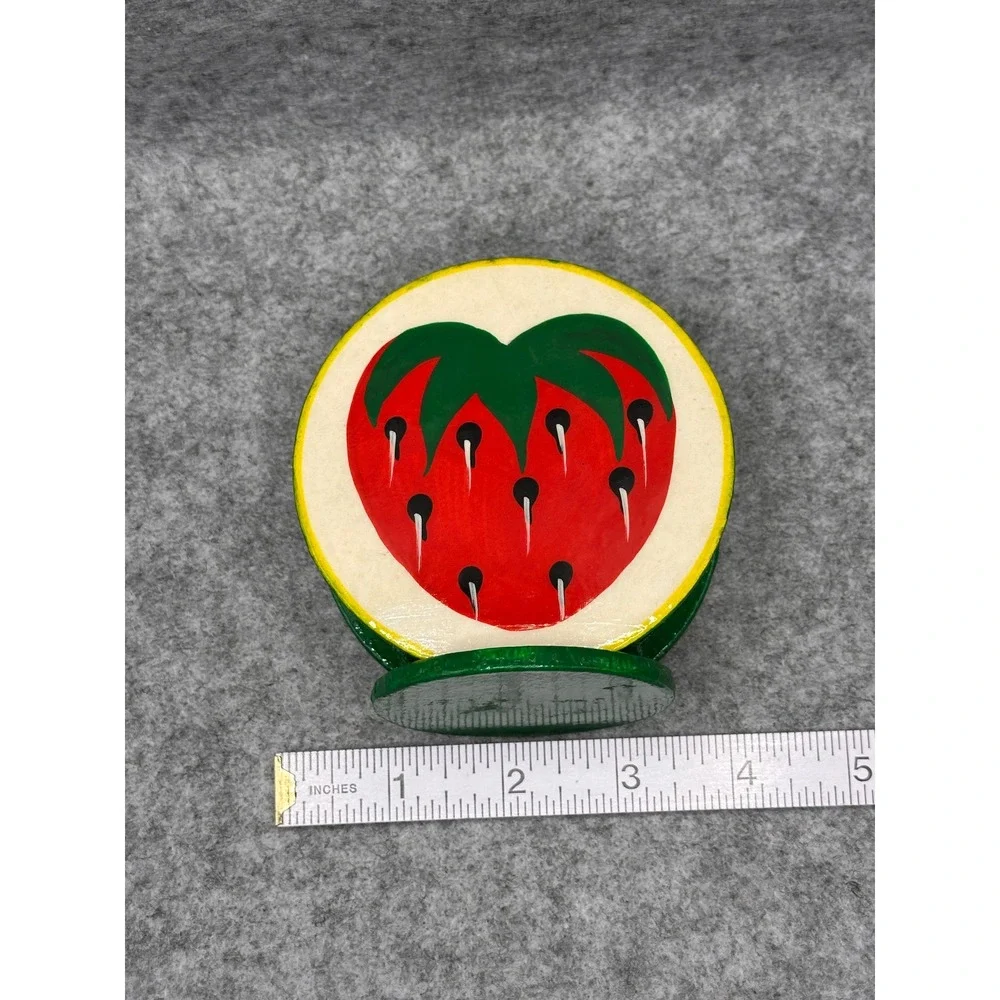 Vintage Strawberry Wooden Coaster Set with Holder Hand Painted Folk Art 7pc